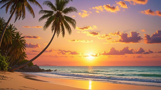 Bella playa de paraíso tropical con palmeras en un caluroso día de verano y cielo nublado