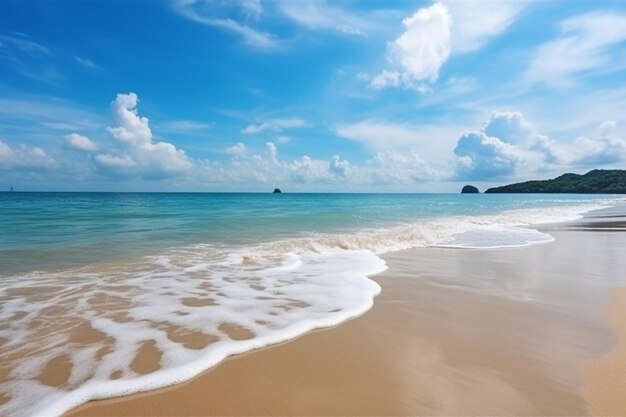 Bella playa tropical vacía mar océano con nubes blancas en el fondo del cielo azul