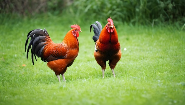 Bella polla roja en el césped verde