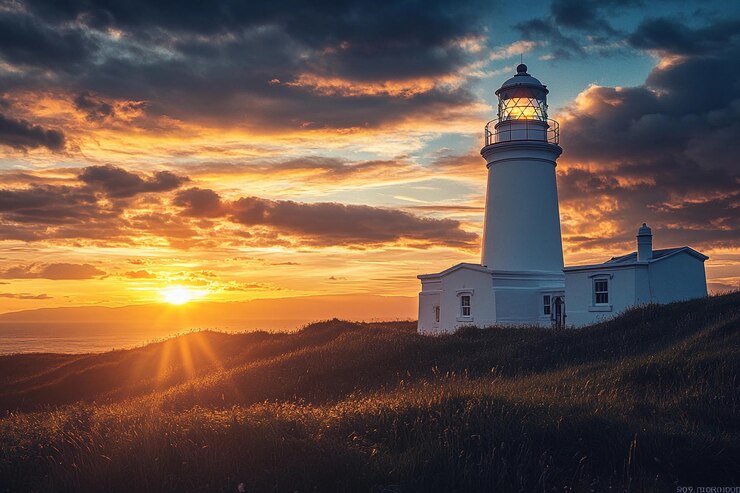 Bella puesta de sol en un faro costero rodeado de hierba exuberante IA generativa