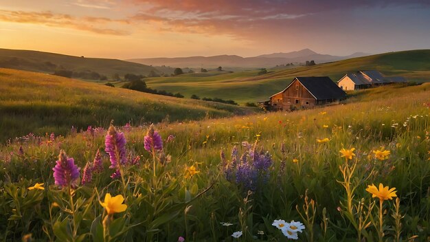 Bella puesta de sol en las montañas Paisaje con prado y flores