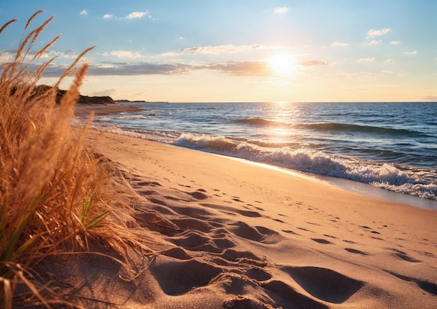 Bella puesta de sol en la playa con hierba y dunas de arena