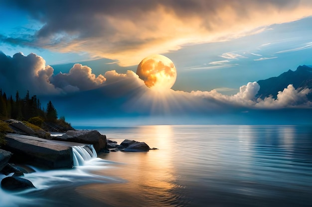 Bella puesta de sol en la playa con rocas y montañas reflejadas en el agua