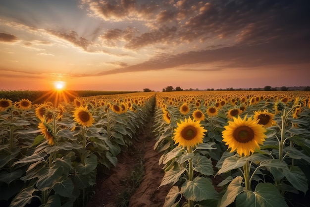 Bella puesta de sol sobre el campo de girasoles