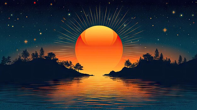 Bella puesta de sol sobre el lago Ilustración vectorial para su diseño