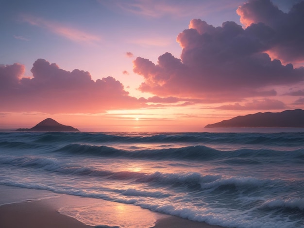 Bella puesta de sol sobre la montaña y la playa del mar