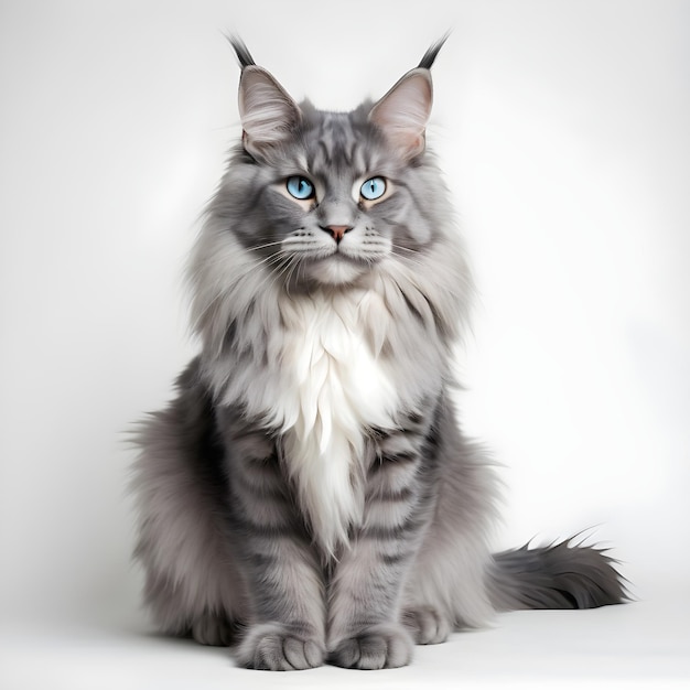 Bella raza de gato azul Maine Coon con fondo blanco