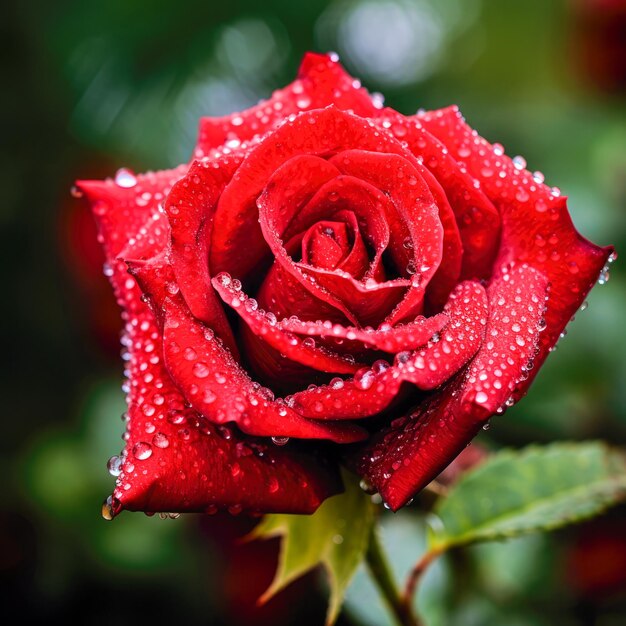 Foto bella rosa roja con gotas de rocío en los pétalos