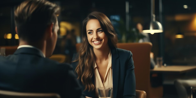 Bella, segura de sí misma y sonriente mujer de negocios posando en su escritorio.