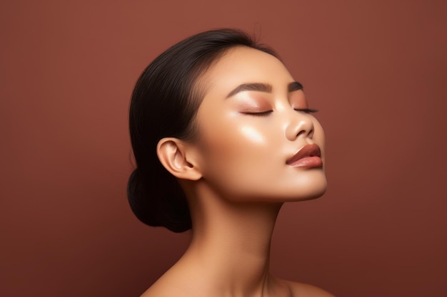 Bella sensual joven modelo de mujer étnica asiática posando perfil cara lateral tocando el mentón sobre fondo marrón