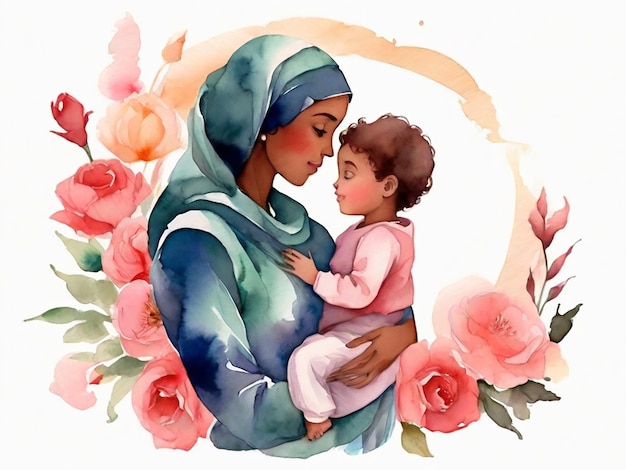 Foto bella silueta de una madre islámica con un bebé en la mano feliz día de la madre