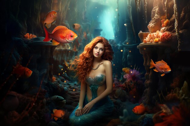 Foto bella sirena joven en el mundo submarino con peces y corales fantasía hiperpealística