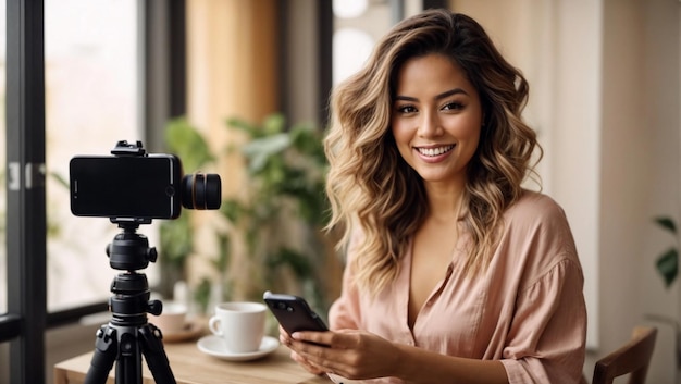 Bella y sonriente blogger haciendo un video para su blog sobre cosméticos usando un teléfono inteligente