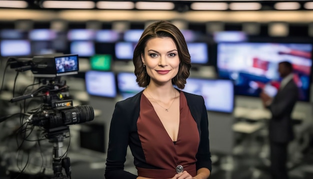 una bella y sonriente joven periodista frente a un borroso fondo de redacción