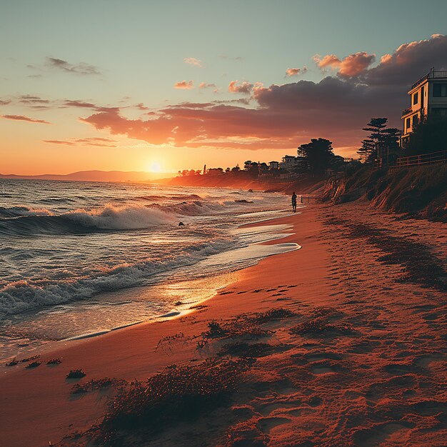 Bella spiaggia di sabbia e mare all'ora del tramonto con spazio copia por lo sfondo Vintage