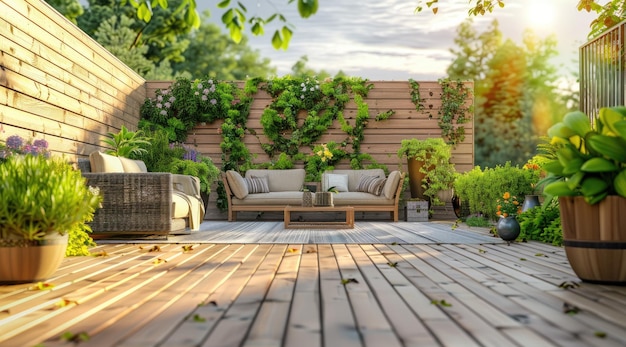 Foto bella terraza moderna con piso de cubierta y cerca de plantas de flores en maceta verdes