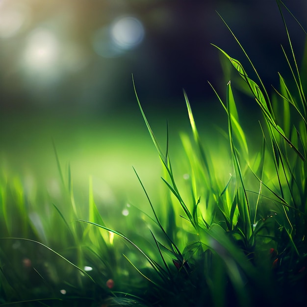 Bella textura de hierba de prado verde con gotas de rocío de cerca borrón abstracto fondo bokeh natural IA Imagen generada