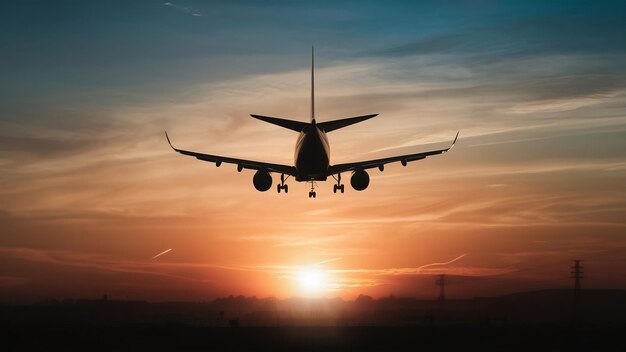 Bella toma de la silueta del avión volando en el cielo durante el amanecer