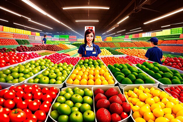 Bella trabajadora de supermercado en el fondo de verduras y frutas IA generativa