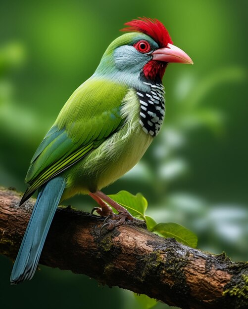 Bella urraca verde común de pie en una rama de árbol generada por la IA foto