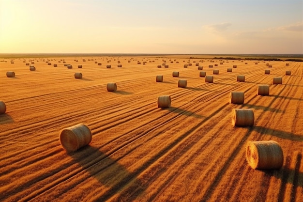 Bella vista aérea de las balas de heno al atardecer en verano Vista superior de los pajares Agricultura