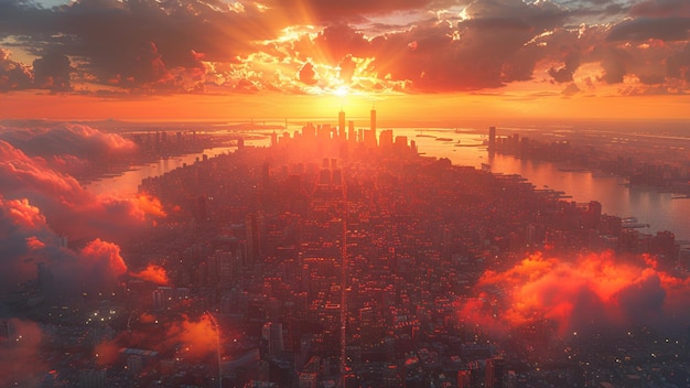 Foto bella vista aérea del horizonte de la ciudad de nueva york manhattan al atardecer