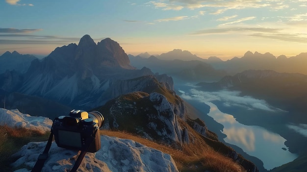 Bella vista del amanecer de la montaña con la cámara en primer plano El concepto del día mundial de la fotografía