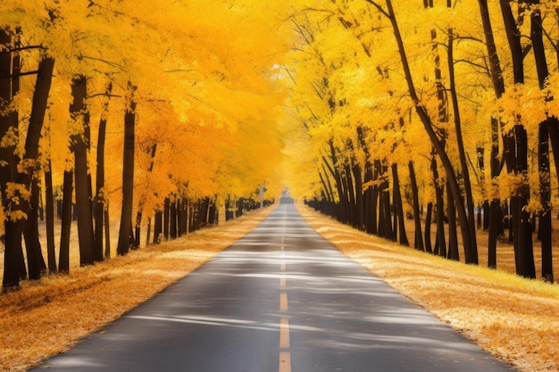 Bella vista de la carretera de asfalto que atraviesa el bosque de otoño