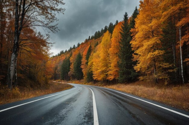 Bella vista de la carretera de asfalto que atraviesa el bosque de otoño