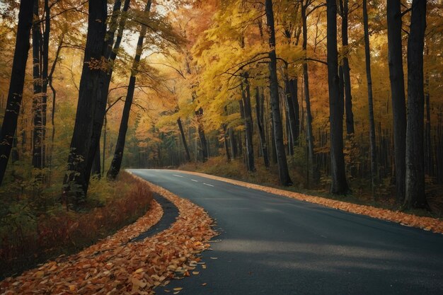 Bella vista de la carretera de asfalto que atraviesa el bosque de otoño