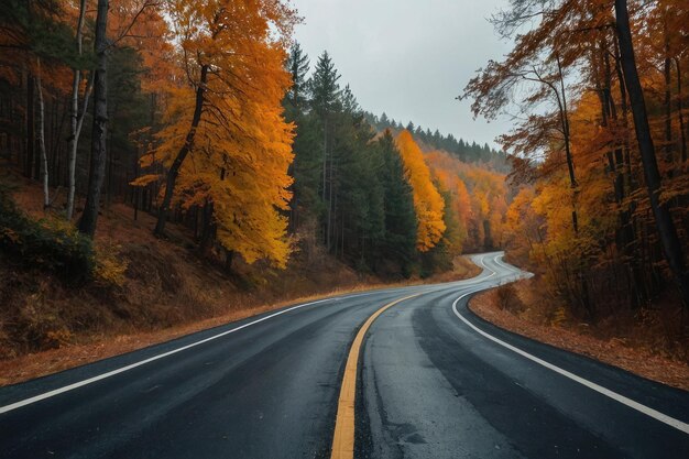 Bella vista de la carretera de asfalto que atraviesa el bosque de otoño