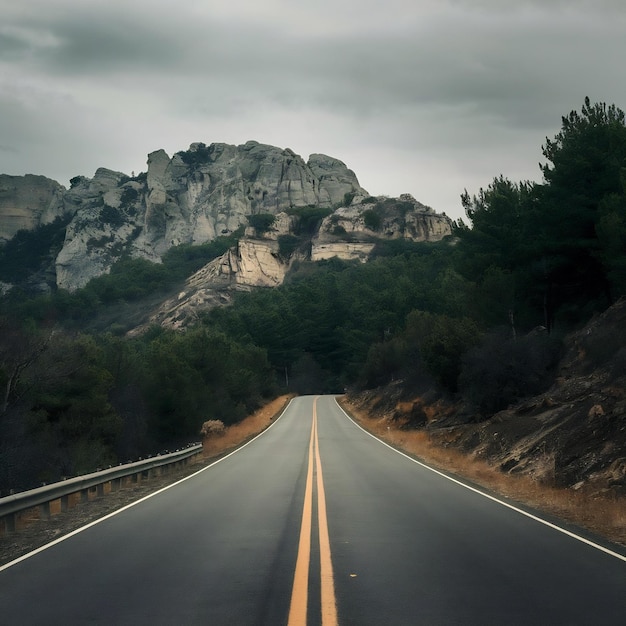 Foto bella vista de la carretera y las colinas rocosas árboles en un día sombrío en la sierra de cazorla jaen españa