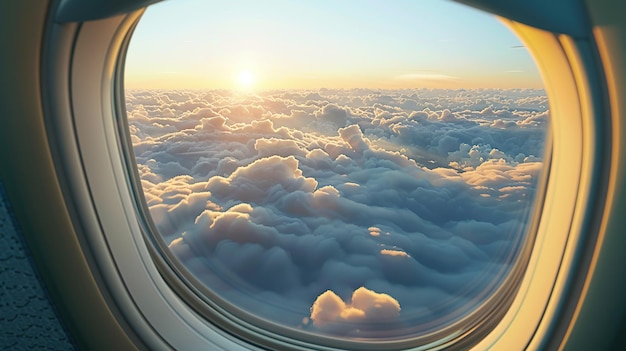 Bella vista del cielo al atardecer desde la ventana del avión Fondo del concepto de viaje