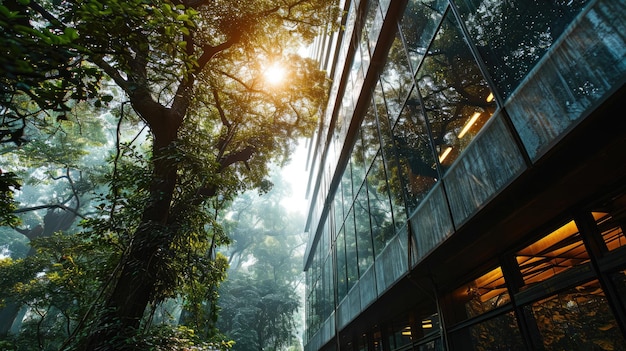 Bella vista de un edificio moderno en el bosque con la luz de la mañana