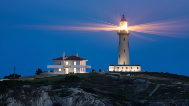 Bella vista de un faro y una casa en una colina capturada por la noche en Chipre