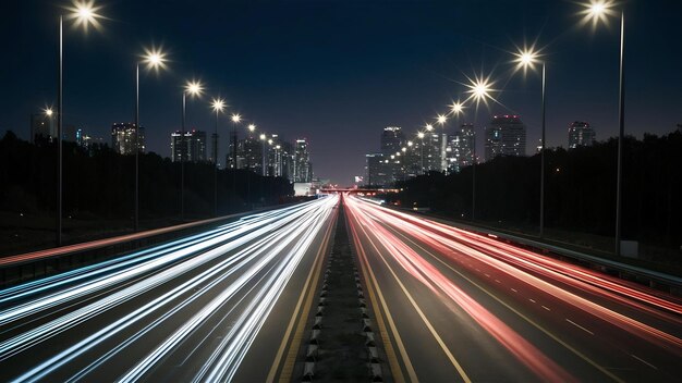 Bella vista de las luces de transporte en la carretera por la noche