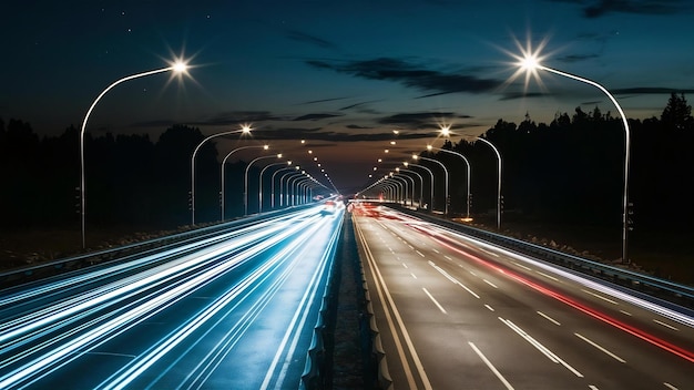 Bella vista de las luces de transporte en la carretera por la noche