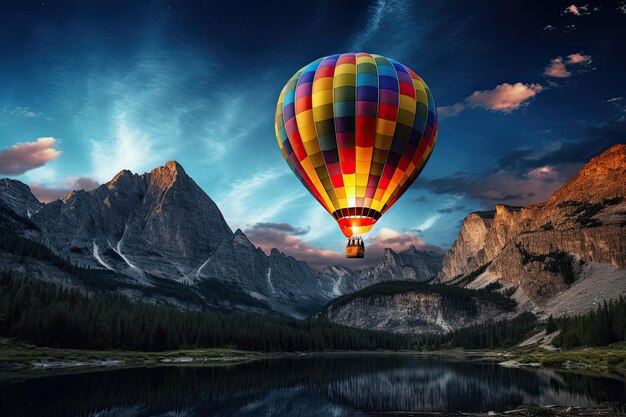 Bella vista de las montañas y el lago aerostato volar globo caliente