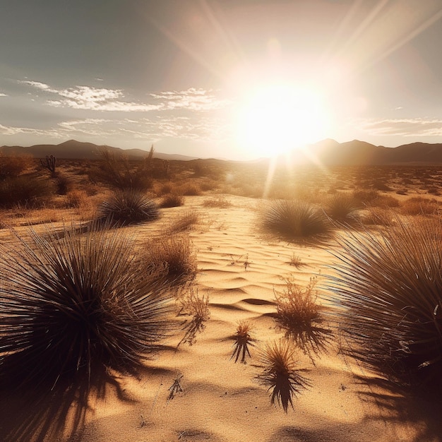 Bella vista natural del atardecer de un desierto con arbustos y plantas