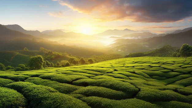 Bella vista del paisaje de la plantación de té en una puesta de sol