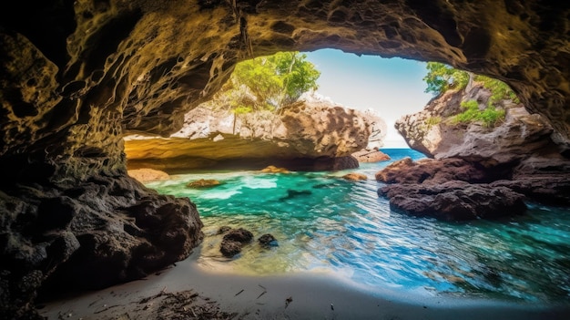 Bella vista de la puesta de sol colorida a través de una cueva rocosa al mar azul con agua cristalina