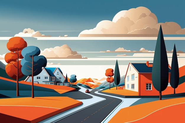 Bella vista residencial con casas, carretera y nubes en estilo de dibujos animados Ilustración generativa ai