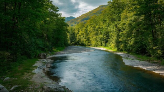 Bella vista del río que fluye a través de los bosques verdes