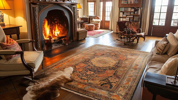 Bella vista de la sala de estar con chimenea clásica Generativo Ai