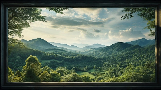 Bella vista desde la ventana del paisaje montañoso al atardecer