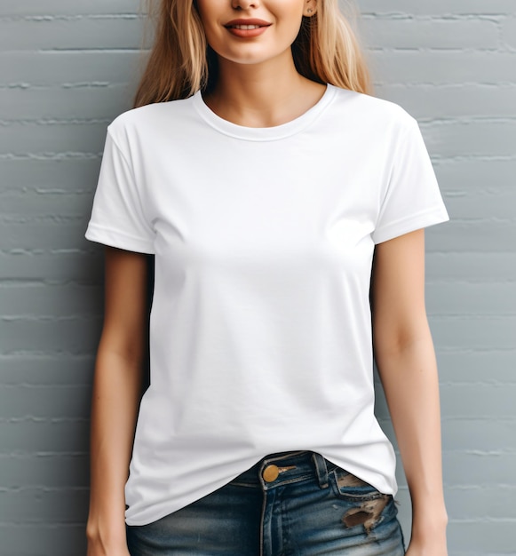 Bella White T-Shirt-Attrappe einer blonden Frau in einem Boho-Stil-T-Shirt und Jeans im Hippie-Chic aus nächster Nähe