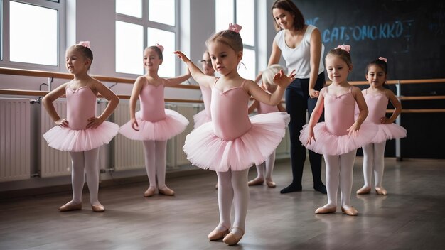 Bellas bailarinas en traje de ballet rosa niños en zapatos de punta está bailando en la habitación