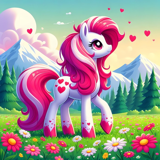 Bellas caricaturas Unicornio con Alicornio Pony pequeño cabello rosado y de pie en un campo de flores