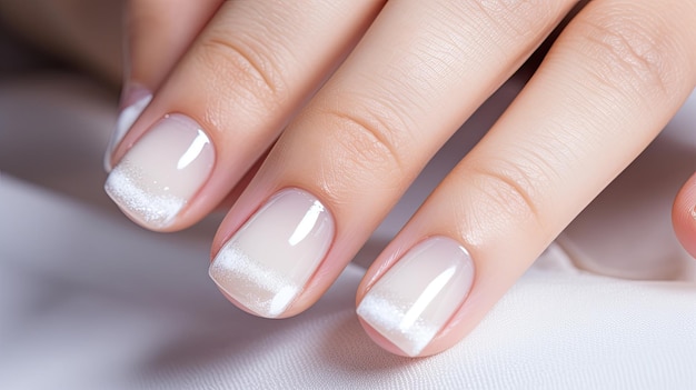 Foto bellas manicuras desnudas diseño de uñas manicura con esmalte de gel primer plano de las manos de una mujer joven con una suave manicura desnuda en sus uñas uñas brillantes con eskalte de gel ia generativa