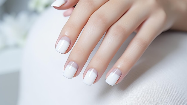 Foto bellas manicuras desnudas diseño de uñas manicura con esmalte de gel primer plano de las manos de una mujer joven con una suave manicura desnuda en sus uñas uñas brillantes con eskalte de gel ia generativa